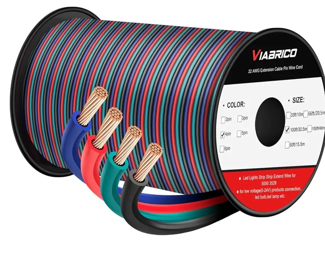 100ft 22AWG 4pin RGB Wire Extension Cable, led Wire 22AWG Copper Clad Aluminum Copper Wire 12V/24V DC Cable, for RGB 3528 5050 Led Strip