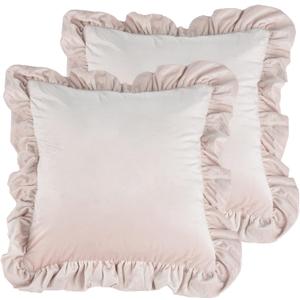 Velvet Ruffle Throw Pillow Covers Couch, Set of 2 Decorative Pillowcases with Ruffles 12x20 Inch Solid Color Shabby Chic Farmhouse Cushion Cover for Living Room Sofa Bed, Light Pink