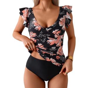 Aidonger Tankini Swimsuit for Women Tummy Control Two Piece Bathing Suit Ruched Ruffle Swimwear Top with Bottom, Large