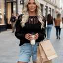 EVALESS Spring Tops Cruise Outfits for Women 2026 Long Sleeve Crochet Hollow Out Summer Sweaters Scoop Neck Lightweight Sweater Holiday Tops for Women Trendy 2026 Cold Shoulder Black Shirts, Large