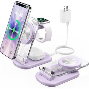 3 in 1 Magnetic Wireless Charging Station for Apple Devices, Fast Foldable Travel Mag-Safe Charger Stand with Night Light for iPhone 17 16 15 14 13 12 Series, Apple Watch/AirPods Pro, PU