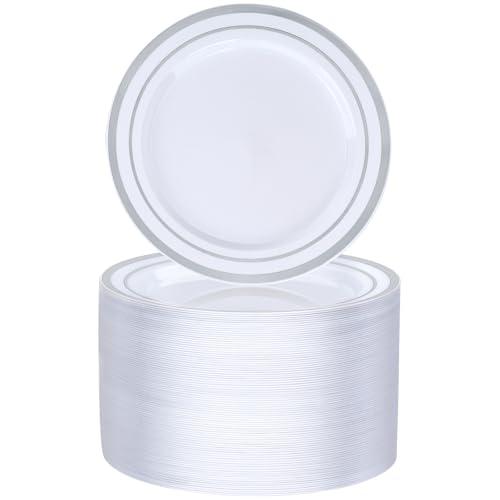 BESTVIP 100PCS 7 Inch Silver Plastic Dessert Plates, Disposable Plate with Silver Rim for Salad/Samll Cakes, Heavy Duty Plates for Party, Wedding and Birthday, Events