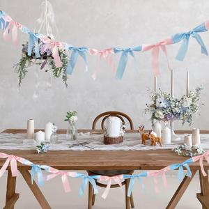 Gender Reveal Bow Knot Garland |6ft Gender Reveal Party Decor with 3ft Extend Ribbon Pre-Assembled Satin Ribbon Banners with Baby Pink/Blue Bows Baby Shower No DIY Needed (Pink & Blue, 6ft)