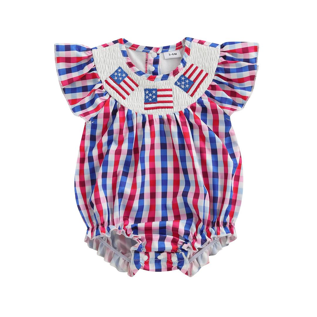 Bonangber Fourth of July Baby Girl Outfit Plaid Print American Flag Romper Smocked Bodysuit Cute Baby Girl 4th of July Outfit(G-Blue American Flag,12-18 Months) (Blue)