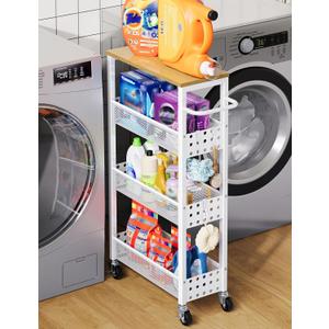 Slim Rolling Storage Cart, Laundry Room Organization and Storage Shelves for Between Washer and Dryer, Narrow Shelf Unit for Small Spaces, 4 Tier Thin Organizer Carts with Wheels for Bathroom, Kitchen