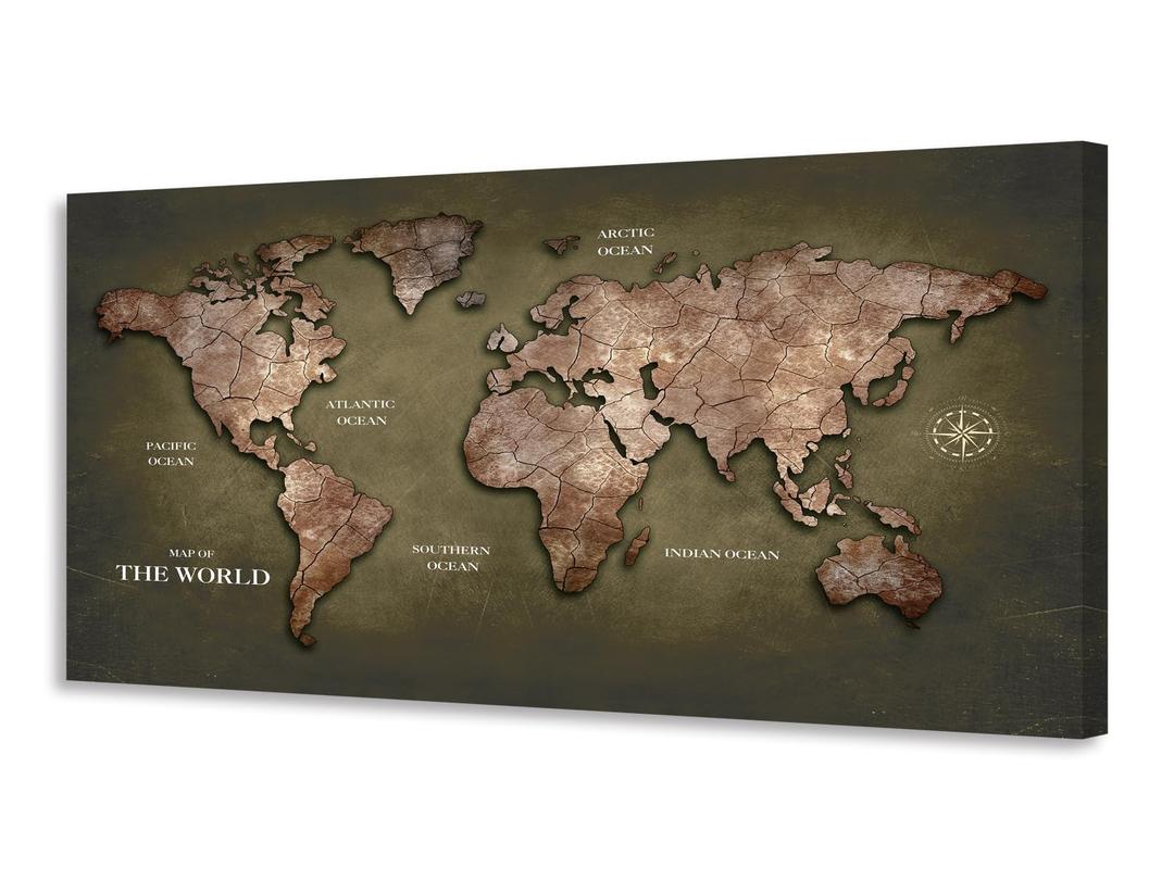 KUNHAAH Canvas Wall Art lagre Brown map of the World Painting Ready to Hang Framed Vintage World Map Artwork Prints for Living Room, Office Decor, Large Map Wall Decor 20"x40"
