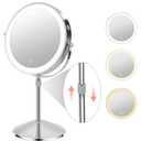 Lighted Makeup Mirror with Magnification, 10X 8Rechargeable Double Sided Vanity Mirror with Lights Magnifying Makeup Mirror with 3 Color Light with 360 Rotation, Detachable Base (Silver)