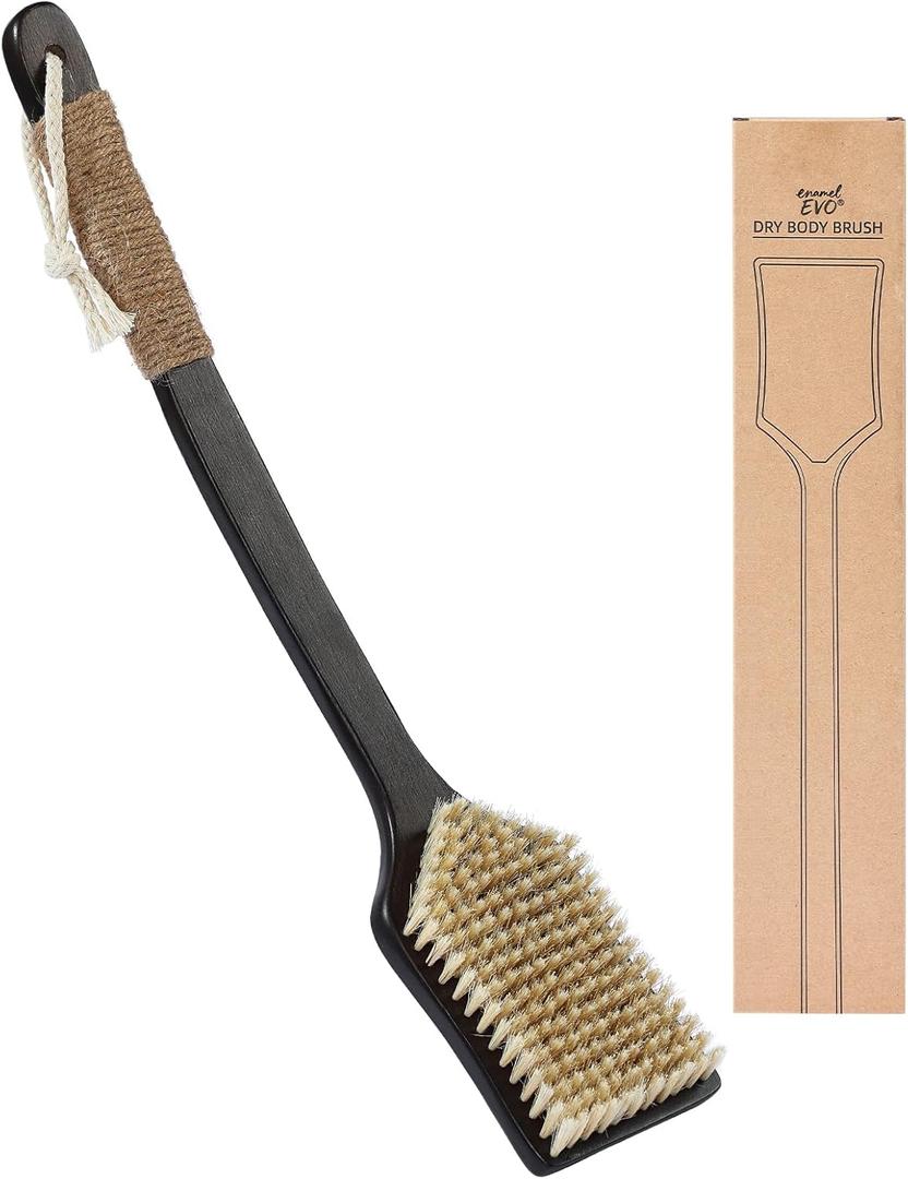 Back Scrubber Shower Brush,Dry Brushing Body Brush with 17.7 Inch Curved Long Handle, Natural Bristles for Lymphatic Drainage, Soft & Stiff Bristles 