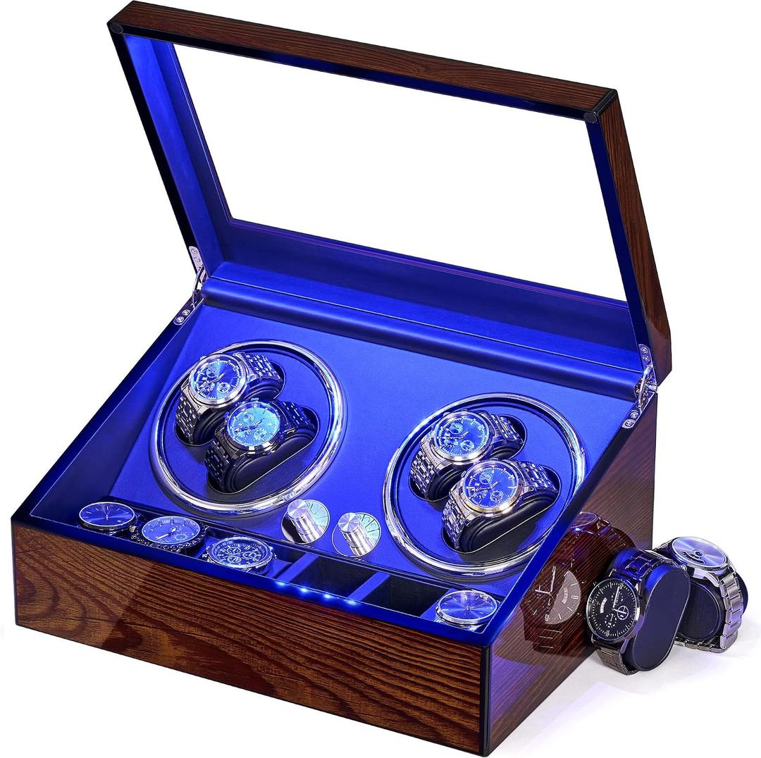 BEWISHOME Watch Winders for Automatic Watches, Automatic Watch Winder Box Watch Spinner with LED Light, 4 Watch Winder with Quiet Running Motor and 6 Storage Case for Man/Woman's Watches, Brown SYQ01Y