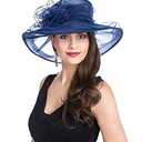 Lucky Leaf Women Lady Kentucky Derby Church Beach Fascinators Hat Wide Floral Brim Flat Hat with Bowknot (Navy)