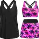 Daci Womens Pink Palm 3 Piece Tankini Swimsuits with Skirt - Tummy Control Bathing Suit Swim Tank Top and Sport Bra 2026 Athletic Swimwear XXL