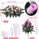 Lodou Artificial Cemetery Flower Saddles for Graves, Cemetery Memorial Flowers with Vase and 2 Memorial Bouquets for Grave Tombstone,Outdoor Grave Saddle Headstone Decorations (Purple White)