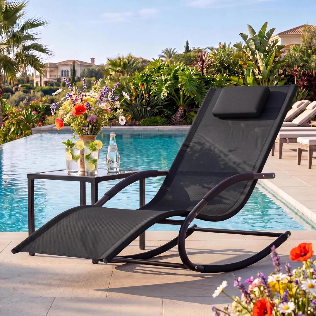 Garvee Outdoor Lounge Chair, Rocking Chair, Lounge Chair Recliner with Detachable Pillow for Patio, Lawn, Pool, Outdoor Home Furniture, Black