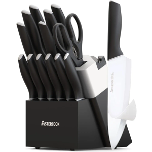 Astercook Knife Set, Kitchen Knives with Block and Sharpener Ceramic Coating 15 Pcs German Stainless Steel Knives Sharp Blade Dishwasher Safe Deba Knives with Ergonomic Handle, Elegant Black