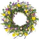J'FLORU Spring Wreaths for Front Door 22 Inch Artificial Summer Wreath Daisy and Lavender Wreath with Wildflowers for Home Wall Farmhouse Springtime Easter Holiday Party (Multicolor)