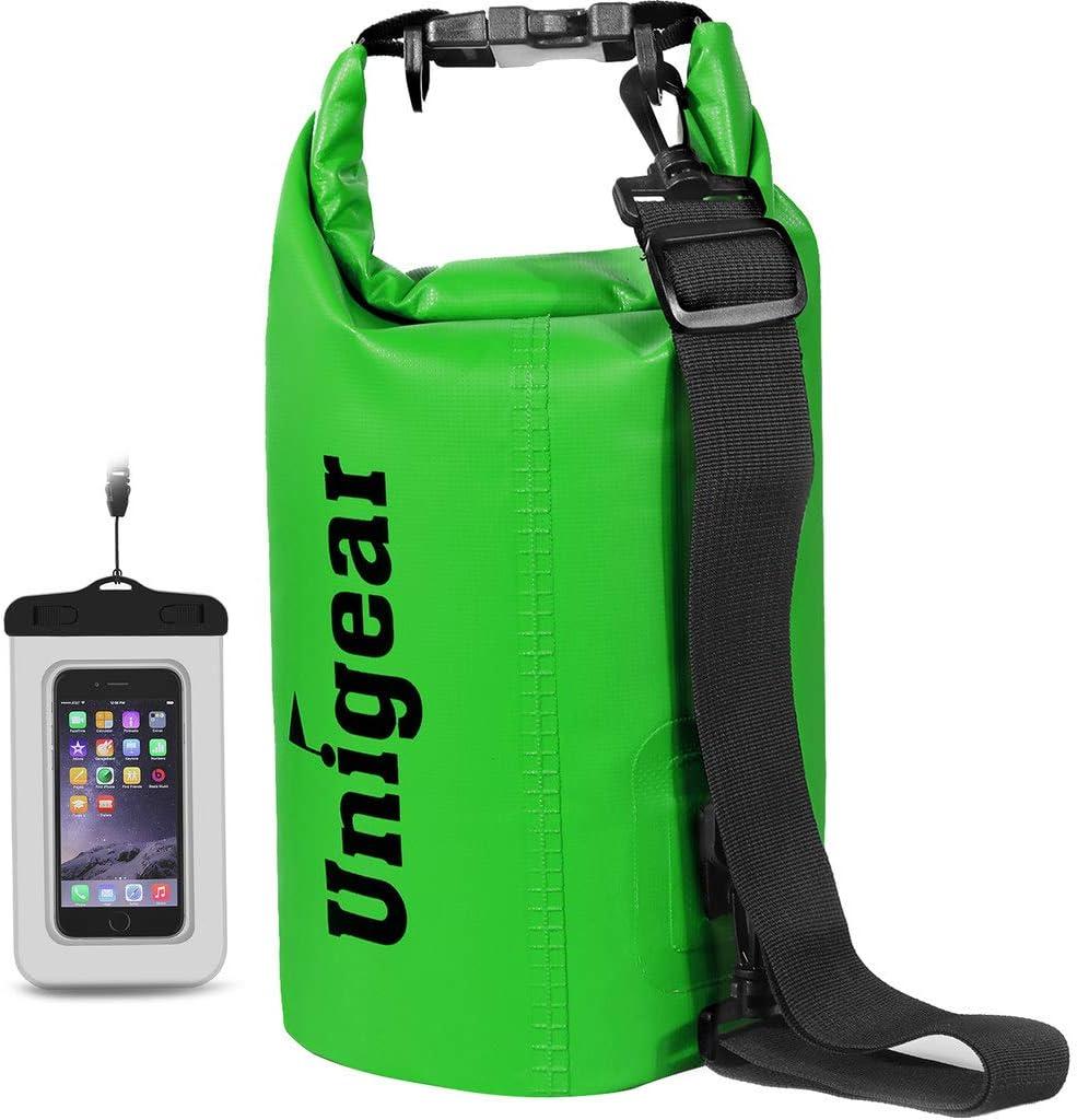 Unigear Dry Bag Waterproof, 5LFloating and Lightweight Bags for Kayaking, Boating, Fishing, Swimming and Camping with Waterproof Phone Case Green