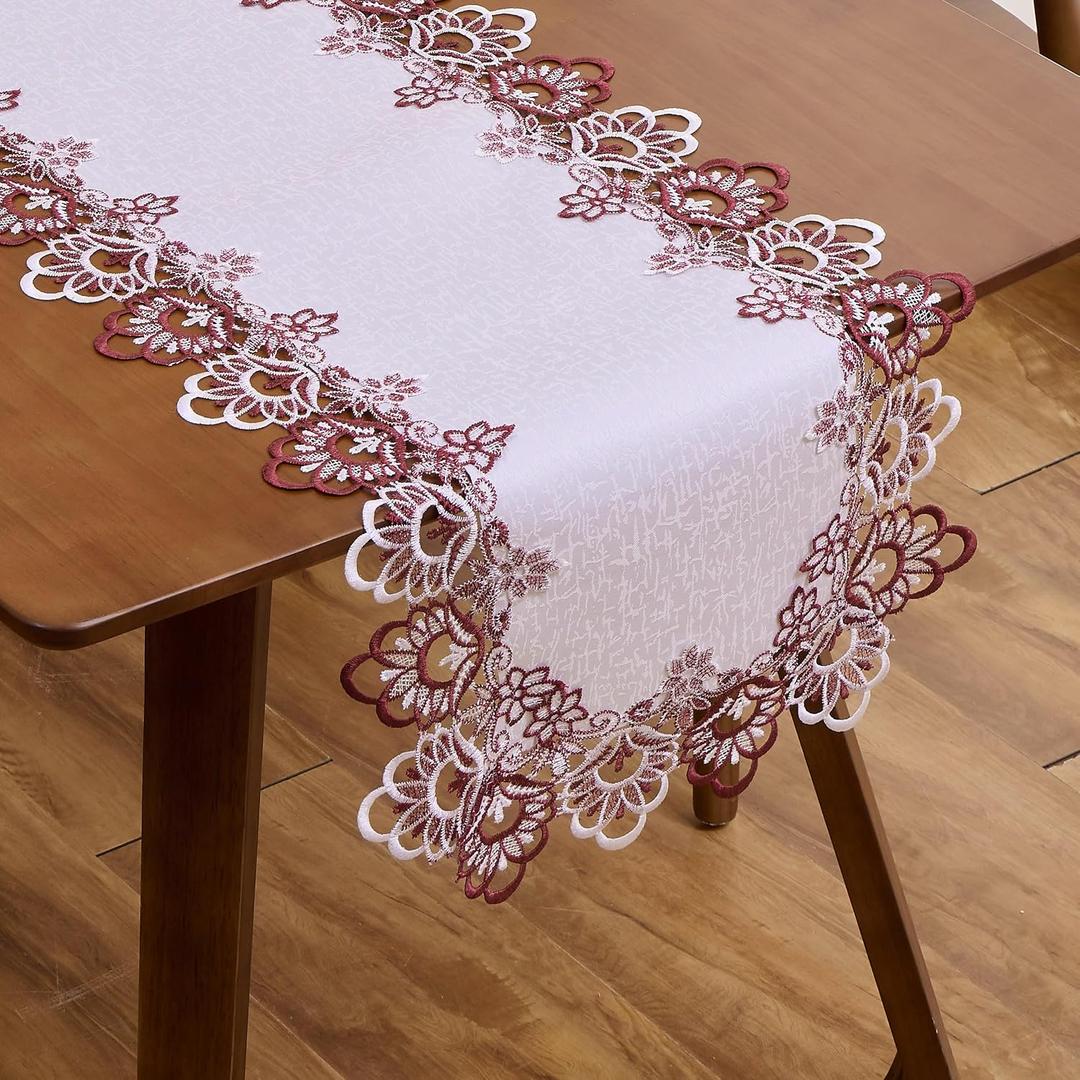 White Dark Red Jacquard Lace Table Runner 72 inches Long, Claret Dresser Scarf Table Topper for Kitchen Coffee Table Wedding Party Home Decor (Floral Dark Red, 16x72)