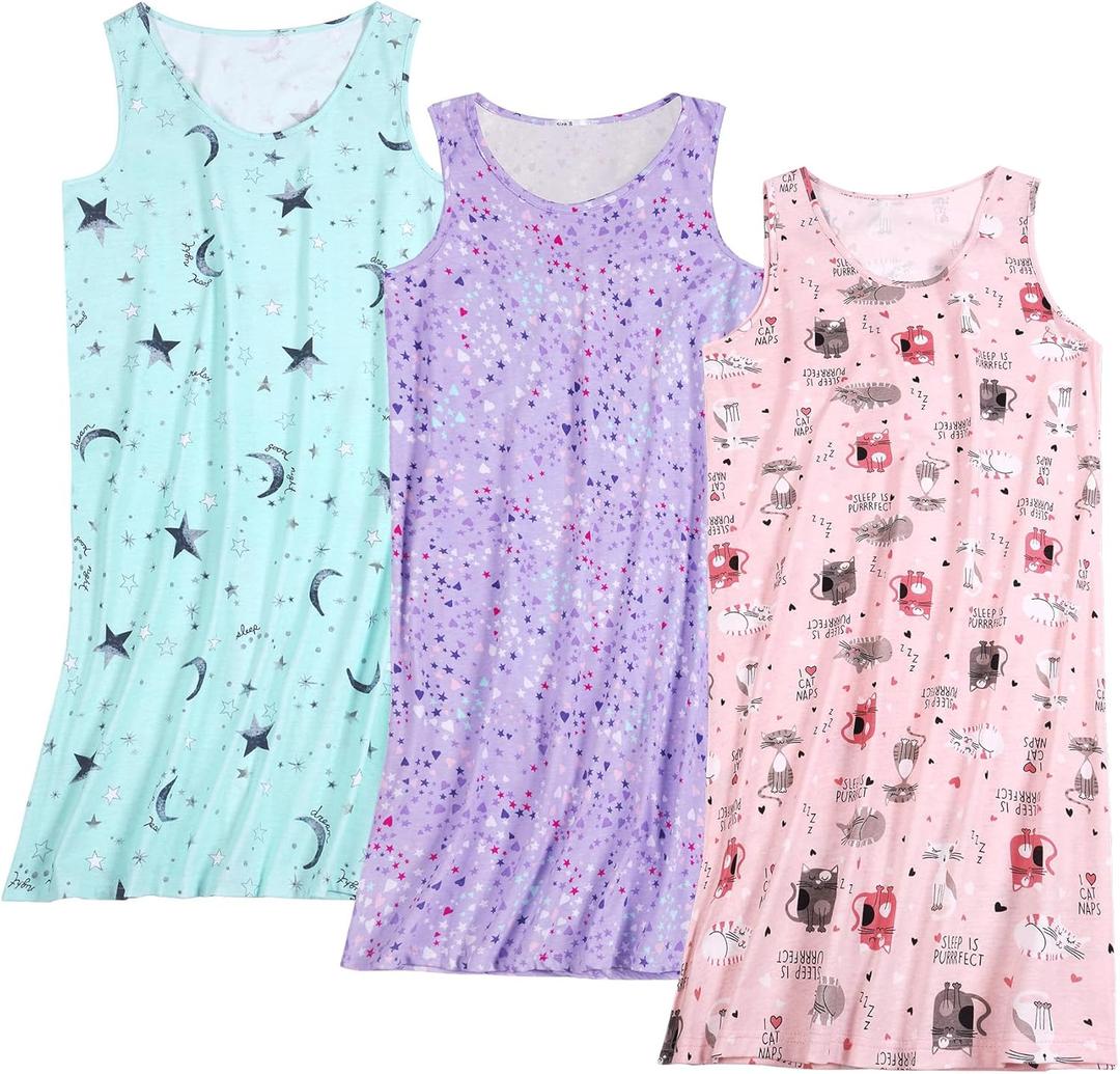3 Pack Cotton Nightgowns for Women Casual Print Sleepwear Sleeveless Sleepdress S-XXXL