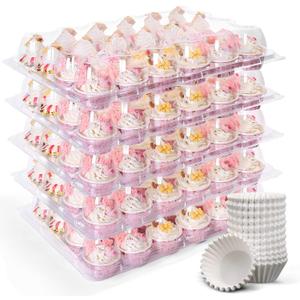 8 Sets 24 Counts Cupcake Containers, Stackable Plastic Dozen Cupcake Boxes with Detachable High Dome Lid, Clear Cupcake Carrier Holder