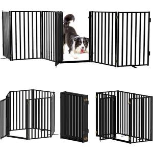 Full Metal Freestanding Dog Gates with Door, 32" Height Dog Fences for Indoor & Outdoor, Extra Wide Foldable Pet Gates for Stairs, Hallways, Doorways, Yard (6 Panels, 120" W 32" H)