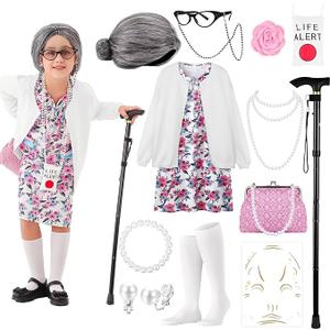 100 Days of School Old Lady Costume Set with Granny Dress Cardigan Old Lady Wig Glasses Grandma Dress Up Outfits(Size 150,White)