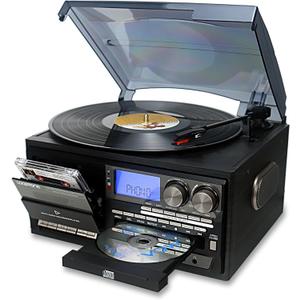 LoopTone Vinyl Record Player 10 in 1 3 Speed Bluetooth Vintage Turntable CD Cassette Player AM/FM Radio USB Recorder Aux-in RCA Line-Out (Black-Grey)