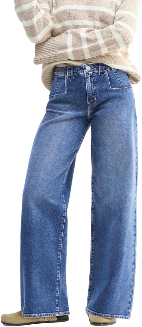 EMMIOL Baggy Straight Leg Jeans Women, Mid-High Rise Denim Pants, Y2K Vintage Distressed Stretchy Loose Fit with Large PocketBoyfriend Wide Leg Trousers Casual, Blue (Blue)