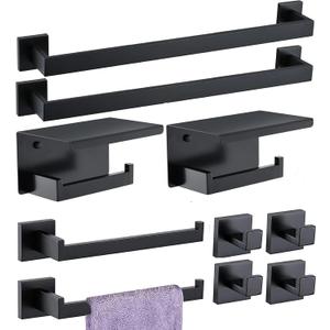 Bathroom Hardware Set 10 Piece Matte Black Bathroom Accessories Set SUS304 Towel Bar Set Includes 2 Towel Bar 24 Inch+2 Towel Holder+2 Toilet Paper Holder+4 Towel Hooks (10, Matte Black)