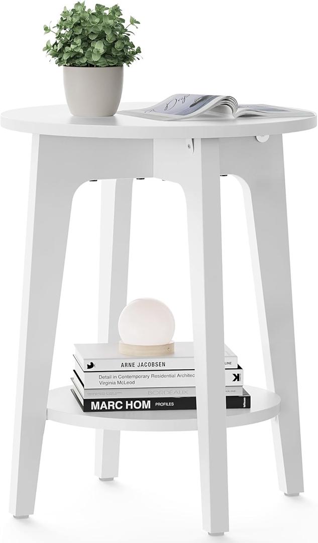 VASAGLE Side Table, Small Round End Table with Lower Shelf, Nightstand for Small Spaces, Living Room, Bedroom, White ULET283T14