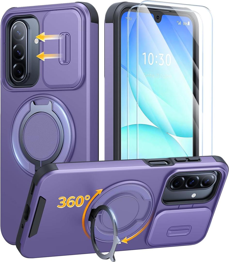 JAME for Samsung Galaxy A17/A16 5G Case, Ring Holder Stand, Slide Camera Cover, 2 Pack Screen Protectors, Dual-Layer Shockproof Protective, Magnetic Accessory Friendly Galaxy A16/A17 4G Case, Purple