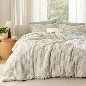 Bedsure Queen Size Comforter Set Beige, Boho Tufted Bed Set, Checkered Farmhouse Shabby Chic Bedding, 3 Pieces, 1 Plaid Geometric Comforter and 2 Pillow Shams (02 - Beige - Tufted Checkboard)
