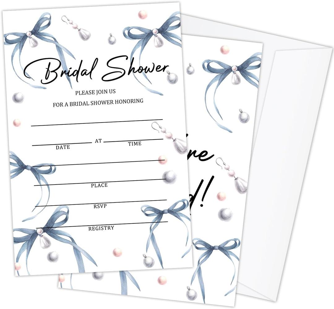 Blue Pearl Bow Bridal Shower Bachelorette Invites, 25 PCS Kit Wedding Invitation Bridal Shower Invitations with Envelopes For New Couples, Mr And Mrs, Newlyweds-03