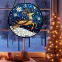 Stained Glass Window Hanging - Reindeer Blue Starry Sky Suncatcher for Doors Home Christmas Decoration Winter Sun Catcher Thanksgiving New Year Birthday Gifts for Women Men Mom Nana 6.3 in (Blue and Gold)
