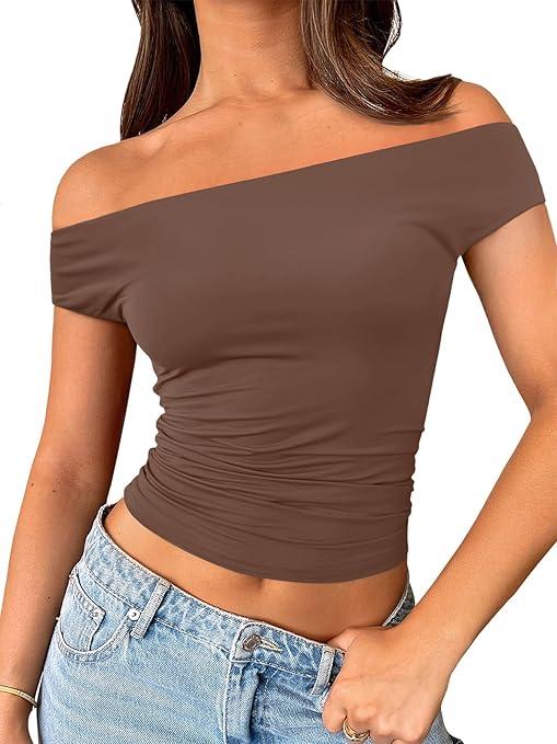 Trendy Queen Off The Shoulder Tops for Women Going Out Y2K Summer Cute Shirts Sexy 2026 Double Lined Spring Club Outfits Coffee S