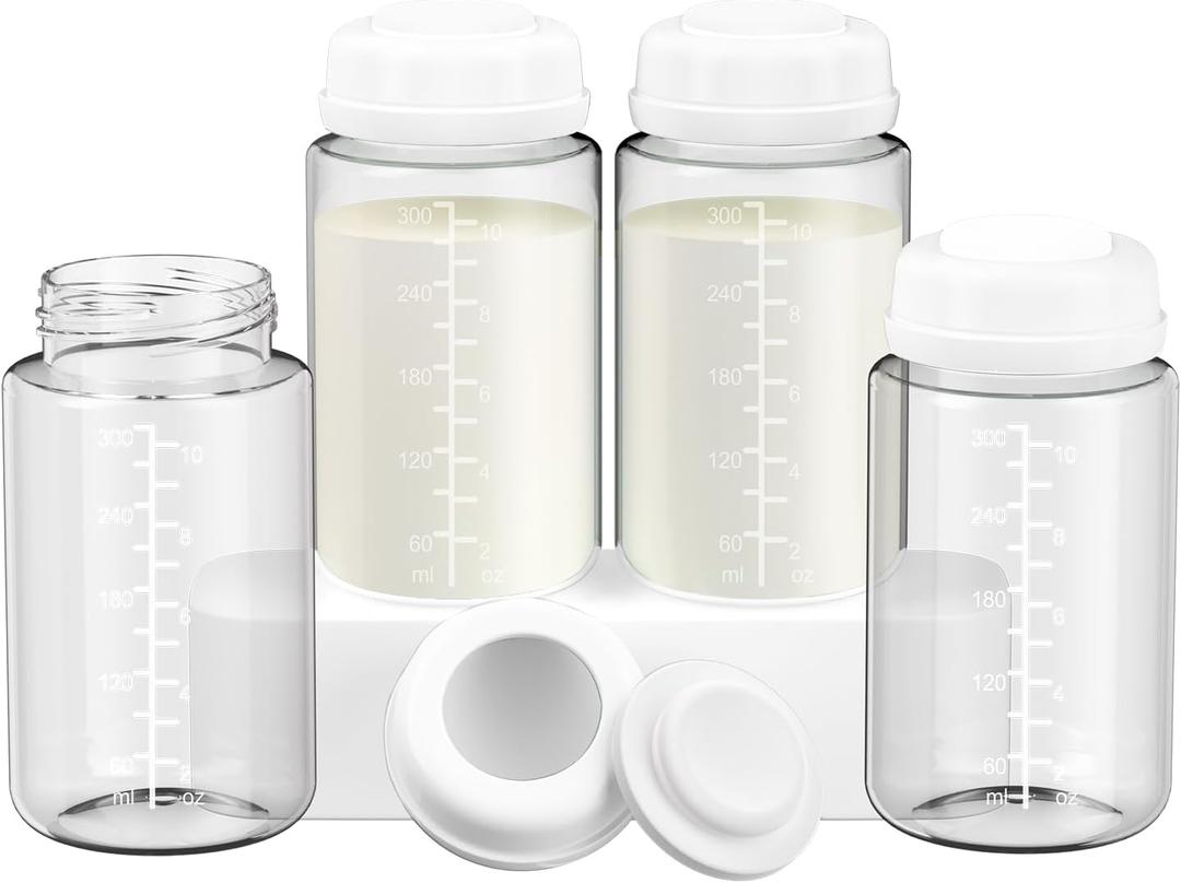 4 Pack 10oz Wide-mouth Breastmilk Storage Bottle for Momcozy 22oz Portable Breast Milk Cooler, Pumping Storage Containers Compatible with Spectra S1/S2/9 Plus/SG/Motif Luna (4PC/White Lids)
