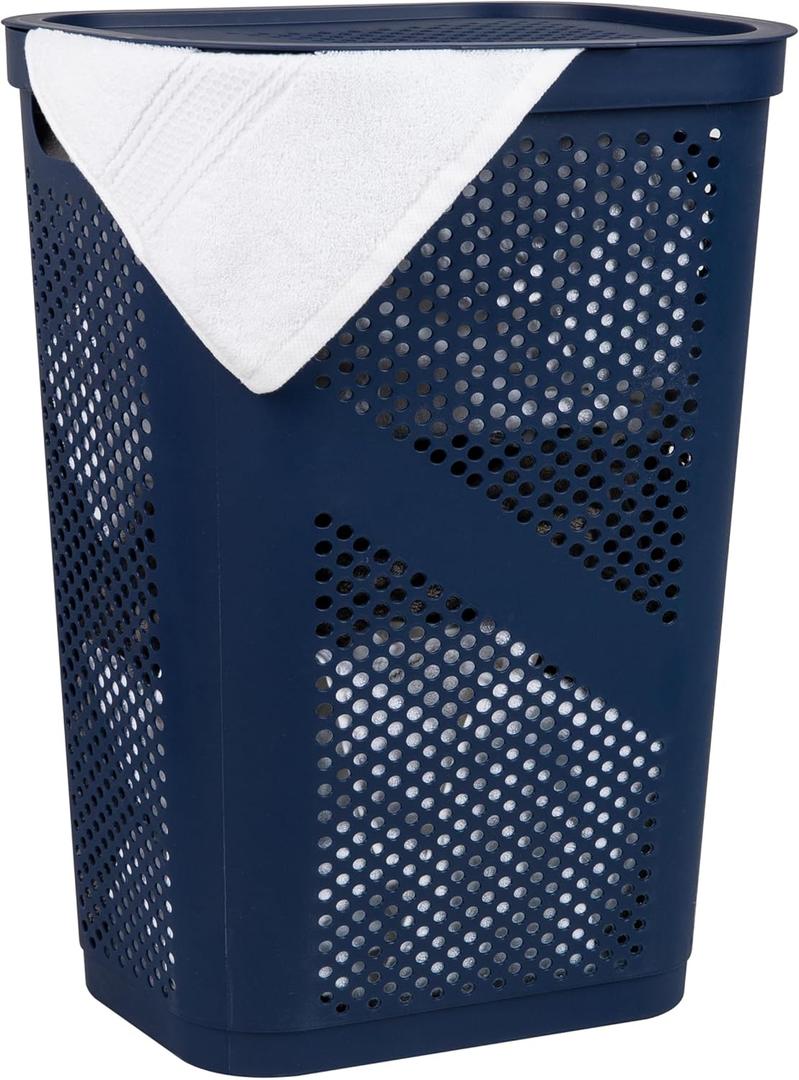 Mind Reader Slim Laundry Hamper with Lid, 60L Clothes Basket, Ventilated Plastic, Navy (Single)