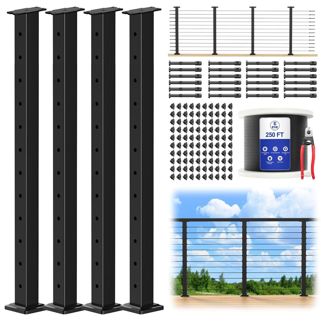 CKE 15ft-20ft Complete Set 42" Modular Black Cable Railing Post Kit, 4Pack Black Level Drilled Line Posts(41"x2"x2"), Swageless Deck Cable Railing System Kit, 250ft 1/8" Wire Rope(No Handrail), LPS02