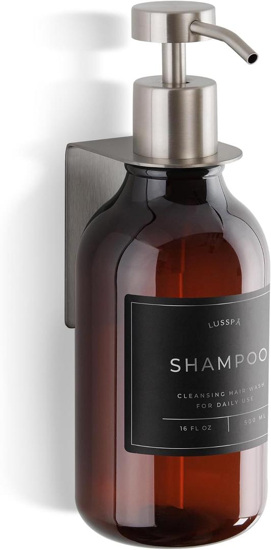 Shower Shampoo Dispenser Wall Mounted Refillable 16.9 oz Amber Bottle with Stainless Steel Pump & No-Drill Adhesive Holder Soap Dispenser for Bathroom (1 X Amber/Silver)