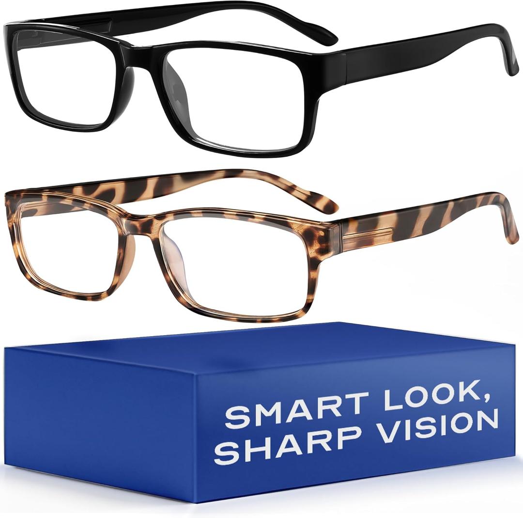 Gaoye 2-Pack of Reading Glasses - Blue-Light Filter, UV Protection - Readers with Rectangle Frames (1 Black + 1 Leoparde)
