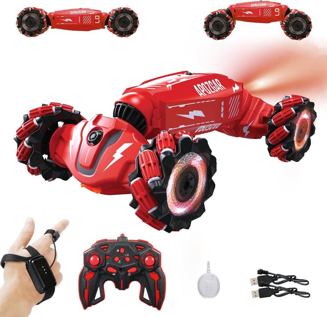 Upgraded Hand Gesture Sensing RC Stunt Car with Lights Music, Spray Drift Hand Gesture RC Car 360 Spins All Terrains Hand Controlled Truck Toys for 6 7 8 9 10 Year Old Boys (Medium, Red)