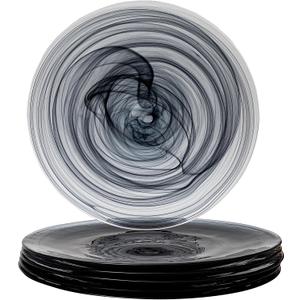 Vikko Dinner Plates, Set of 6 Black Alabaster Plates, 11" Plate with Marbelized, Swirl Design, Elegant Glass Plate, Dishwasher Safe