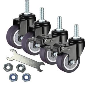 2 Inch Stem Caster Wheels with Safety Dual Locking, Heavy Duty Threaded Stem Casters, 2pcs No Noise Swivel Castors with Brakes + 2pcs Swivel Threaded Stem Casters Included (Mini Wrench+Nuts)