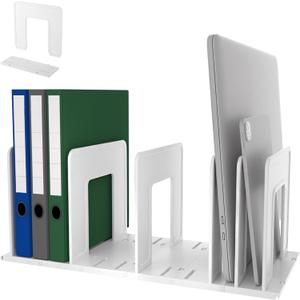 Adjustable Vertical File Sorter Sturdy Plastic Expandable Upright File Holder for Notebook Magazine Desktop Organizer Bookshelf Divider Office Home School, Assemble Easily Endlessly, White (6-Parts)