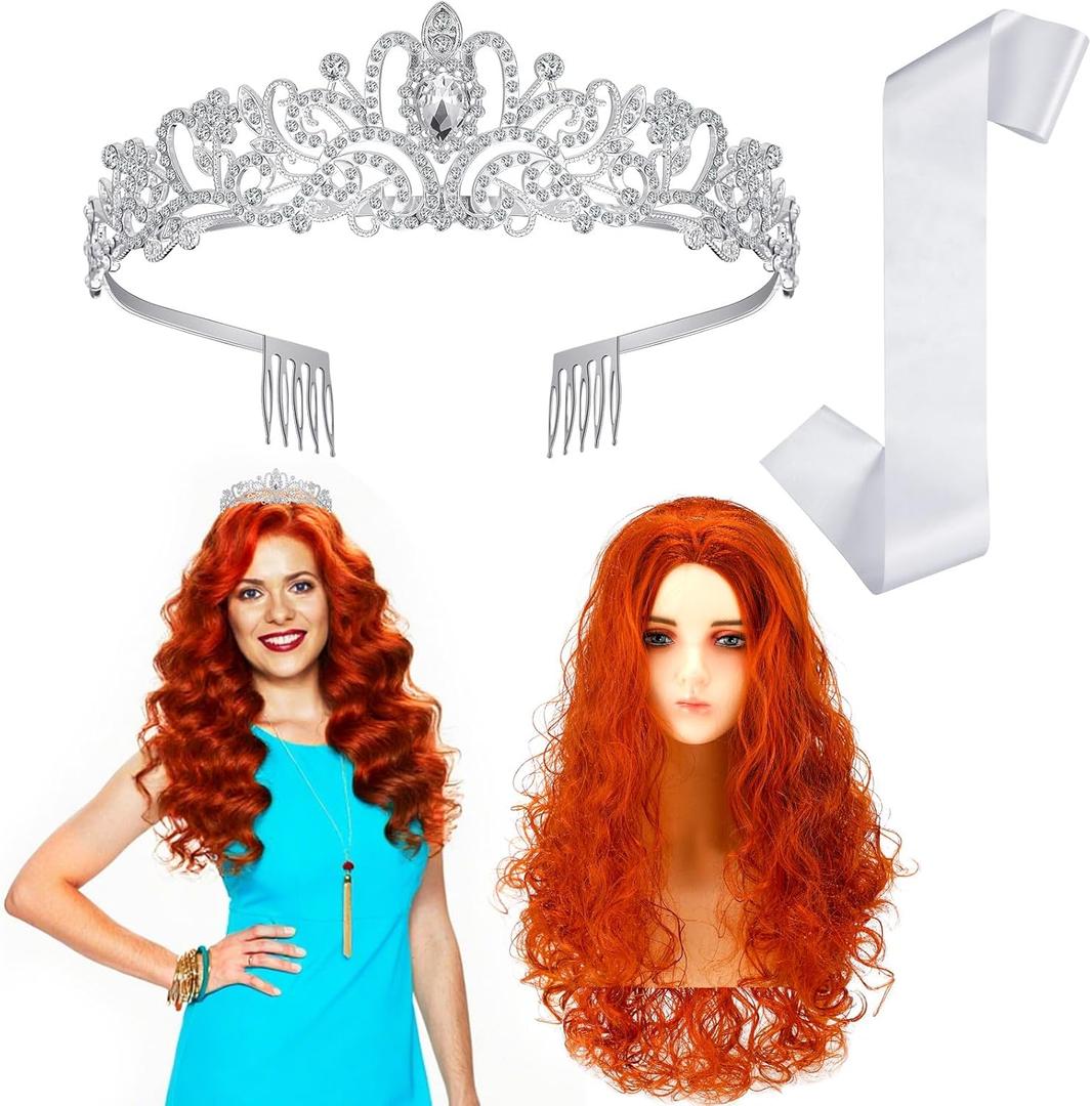 3 Pcs Halloween Singer Look Costume Set Long Red Orange Curly Wig Silver Crystal Tiara and Blank White Sash Retro Singer Performance Outfit for Pop Star Cosplay