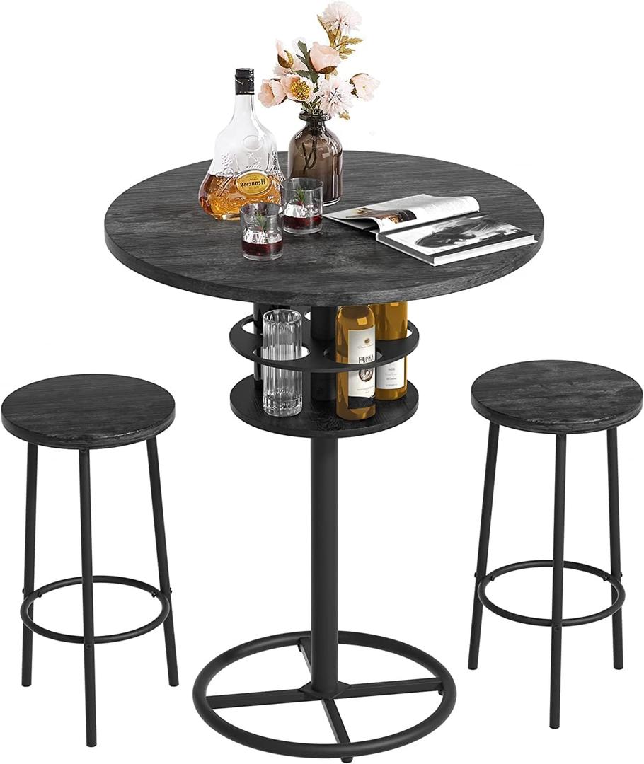 VECELO 3 Piece Bar Table and Chairs Set, Counter Height Bistro Sets with 2 Barstools for Indoor, Small Space Restaurant, Black