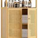 HITNET Rattan Bathroom Storage Cabinet, Bamboo Floor Cabinet with 2 Doors and Open Shelf, Freestanding Cupboard for Living Room, Entryway, Kitchen, Natural