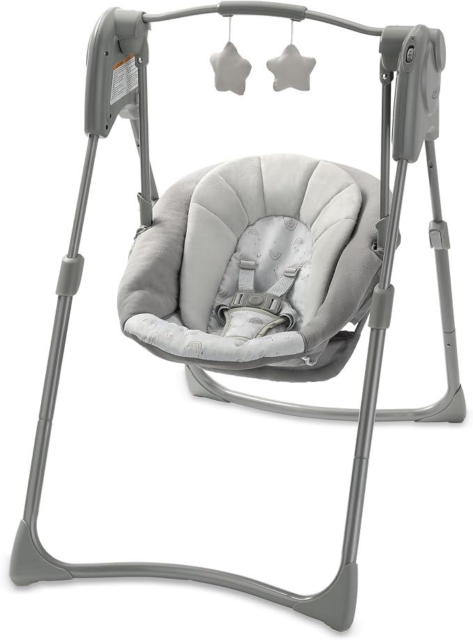Graco Slim Spaces Compact Baby Swing, Reign
Easy Fold with Carry Handle, Height-Adjustable Legs, Multiple Swing Speeds, Comfortable Infant Head Support, Overhead Toy Bar