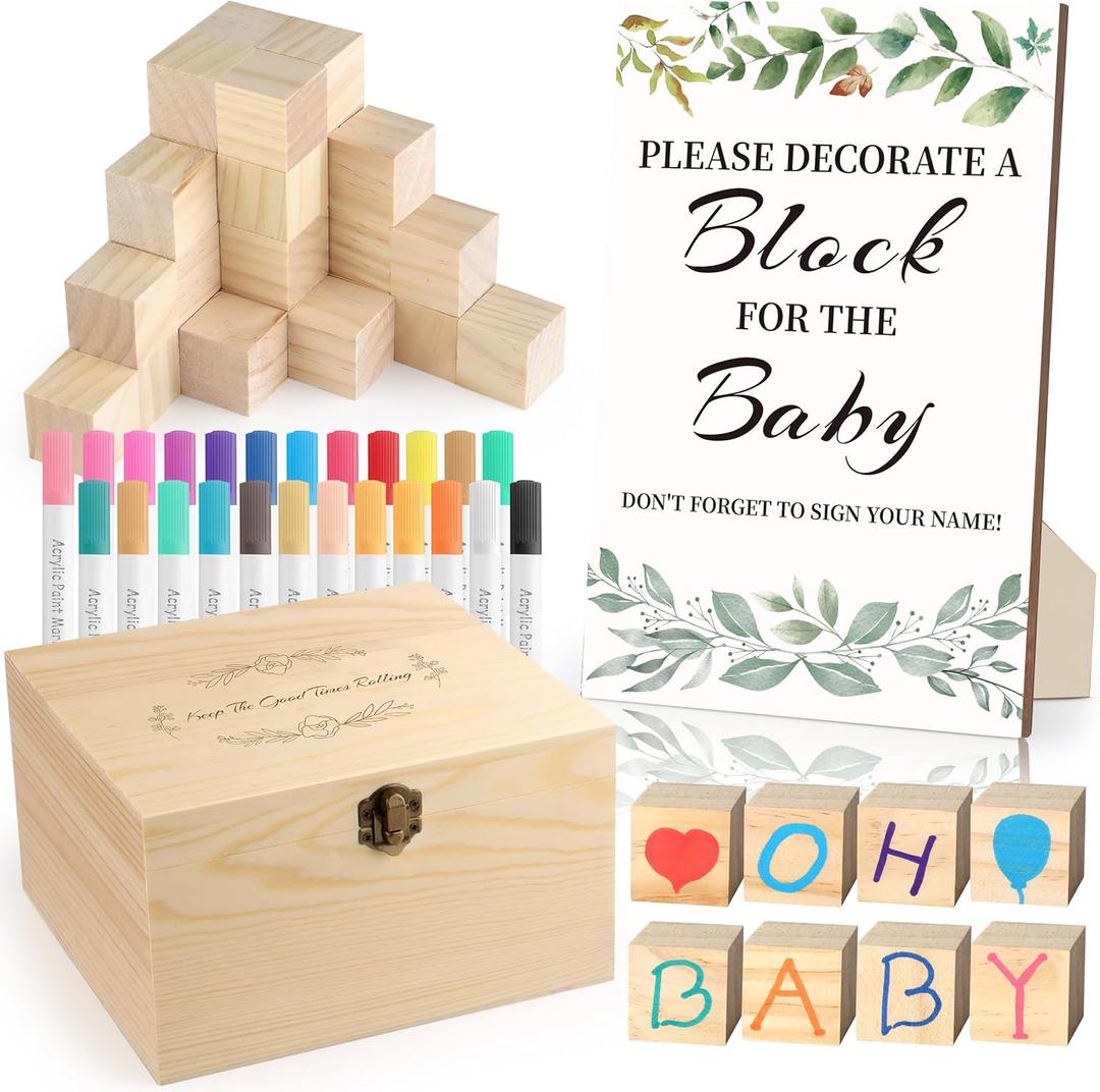 72PCS Baby Shower Games Kit with Blank Wooden Blocks, Acrylic Paint Marker, Wooden Box and Sign, Blocks Suitable for Baby Shower, Gender Reveals Party, Birthday(Green)