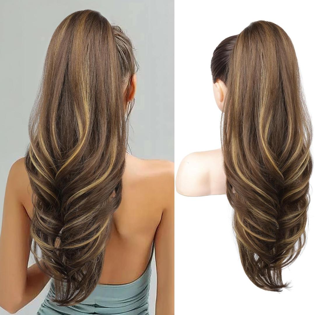 SEIKEA Versatile Drawstring Ponytail Extension, 26" Long Wavy Multi Layered Clip in Ponytail Hair Extensions Stand Up High Fake Pony Tail Soft Natural Synthetic Hairpiece Chocolate Brown Highlights
