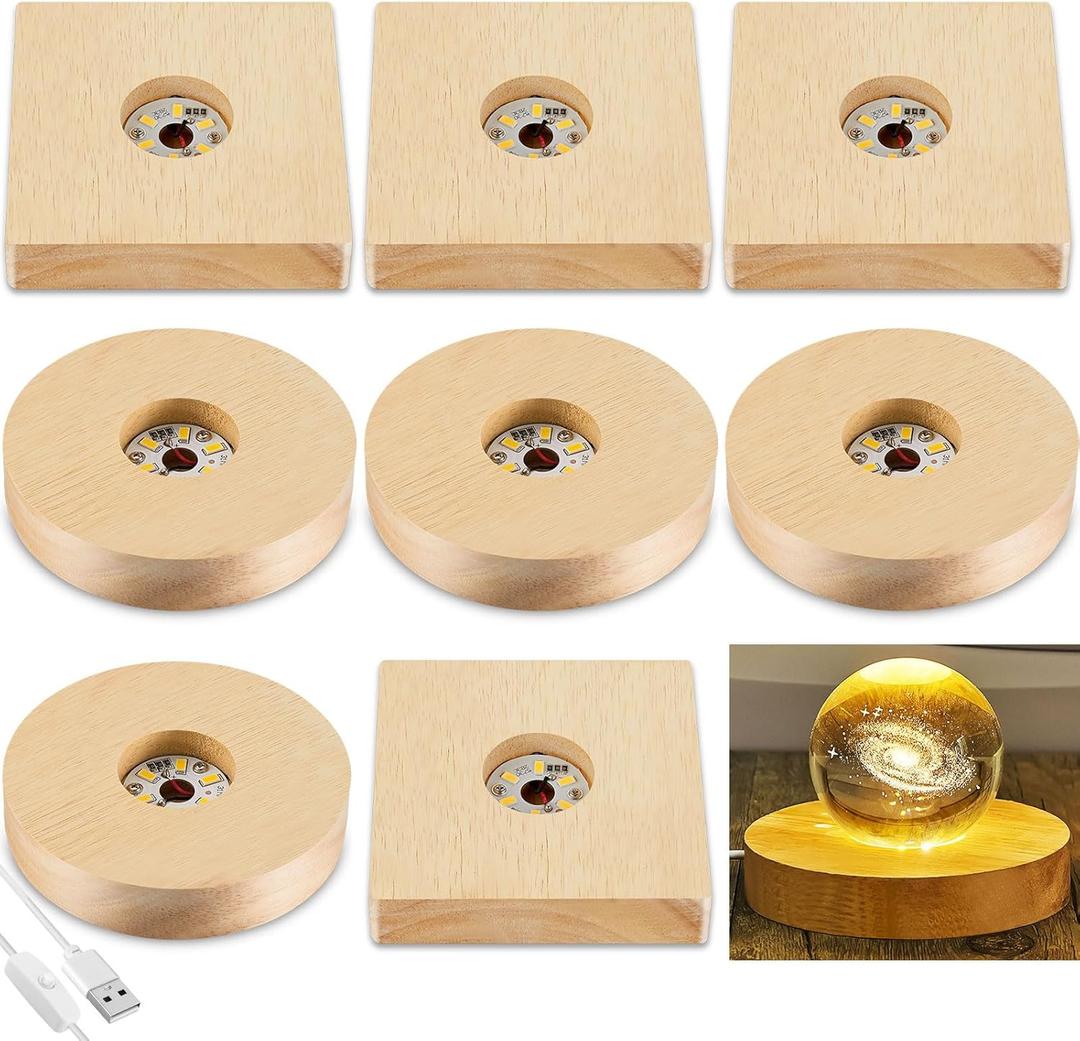 Honoson 8 Pcs Wooden LED Display Base Lighted Base for Crystal Art Wood Display for Glass Art 3D Crystal Warm Light (Round and Square Surface Style)